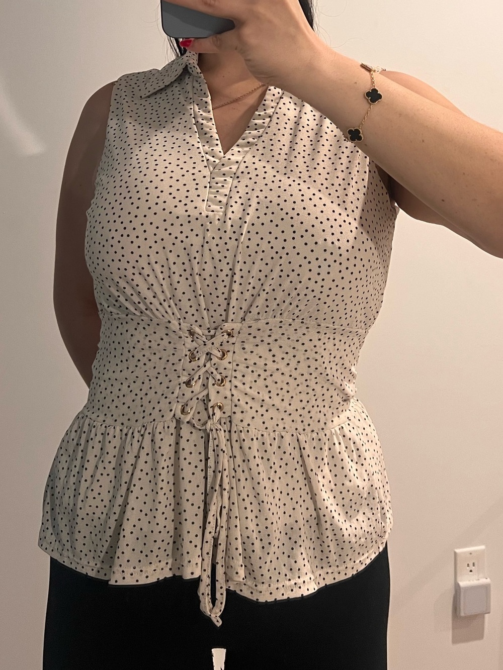 Vintage Cream Sleeveless Polka Dot Blouse